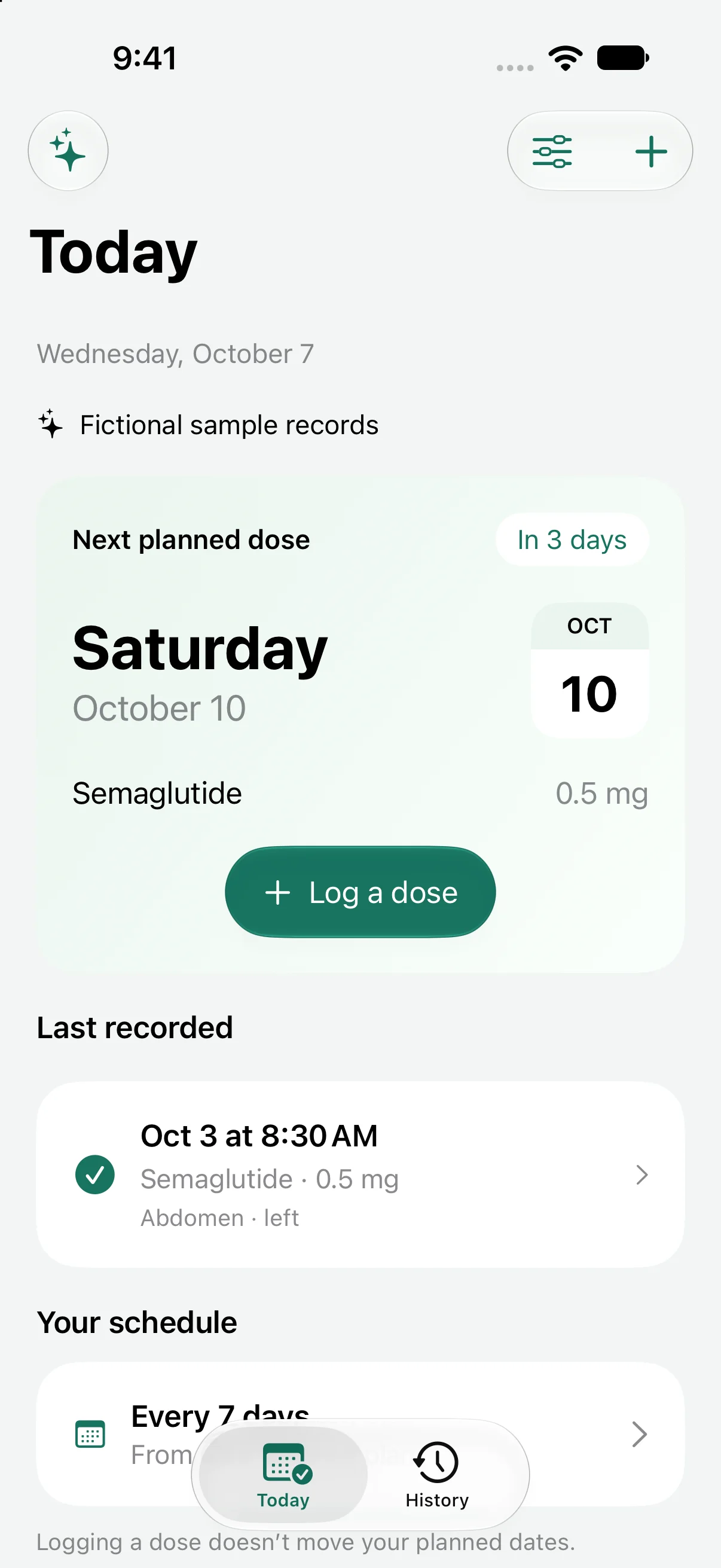 Liten's Today screen using fictional medication tracking records